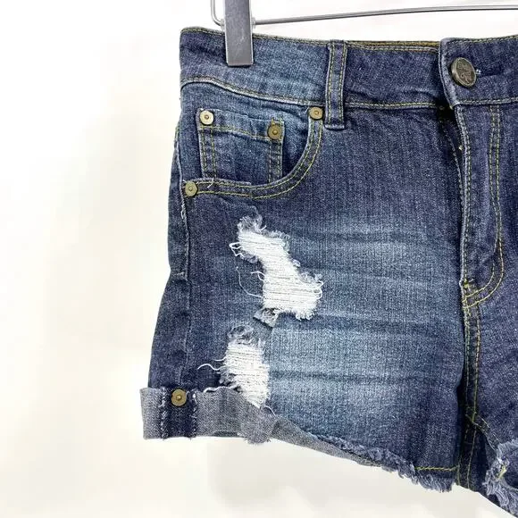 INDIGO REIN Blue Dark Wash Distressed Denim Shorts
